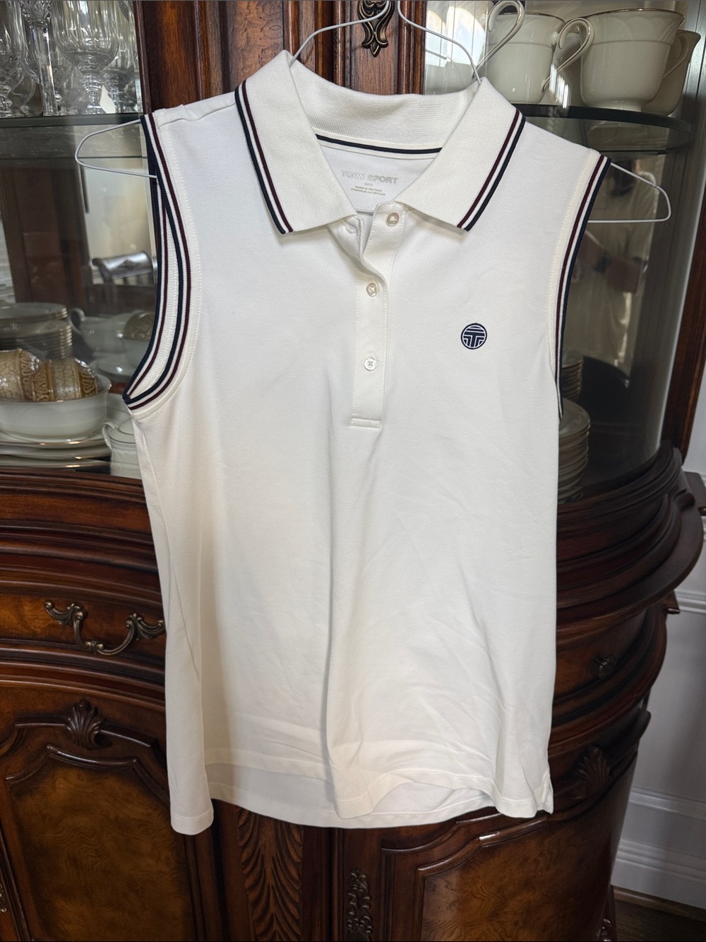Tory Sport White Performance Pique  Tipped Sleeveless Polo